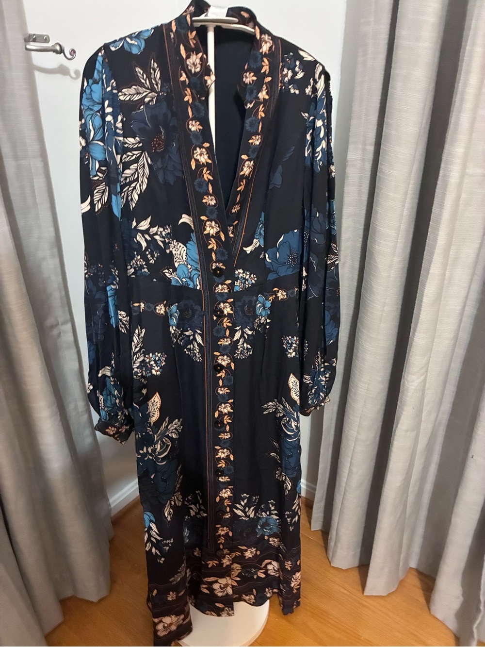 Caroline Constas Midnight Blue Maxi Dress with Blue and Cream Floral Accents XS
